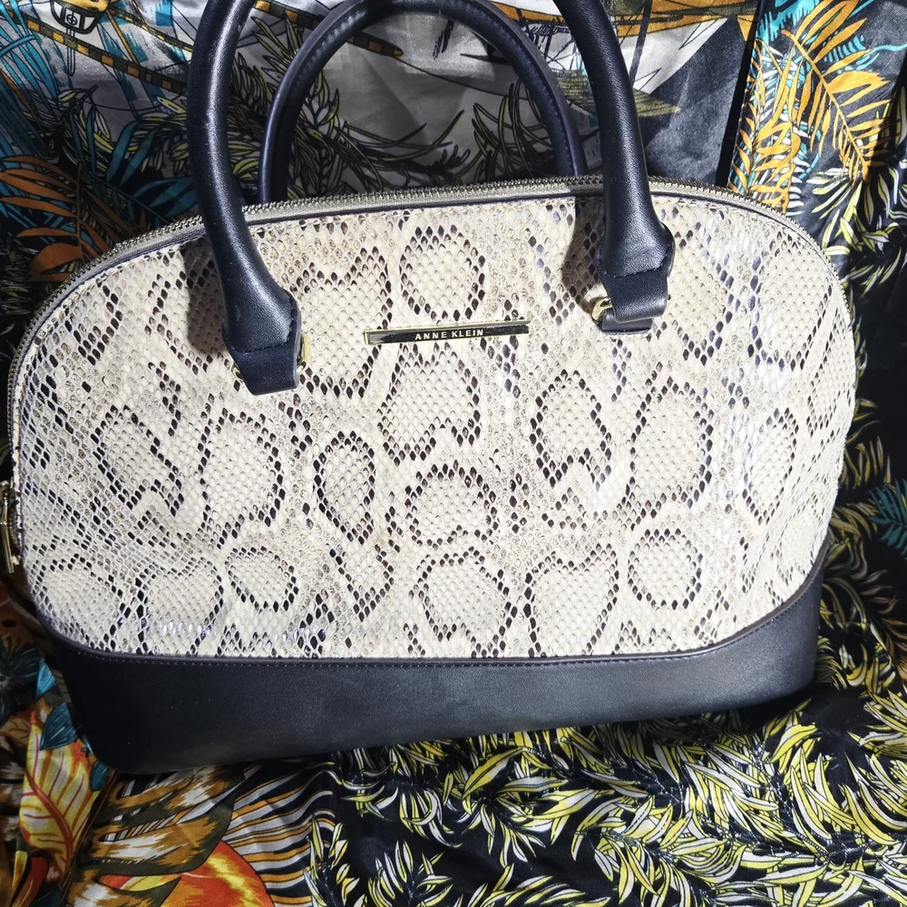 Anne Klein Cream and Black Snakeskin Satchel